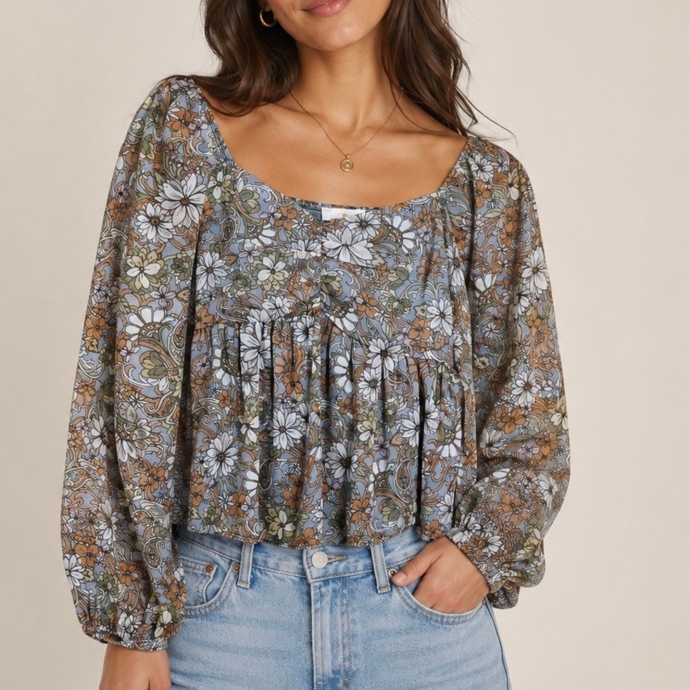 Sunland 17 Floral Babydoll Blouse S Blue Brown Smocked Back Balloon Sleeve
